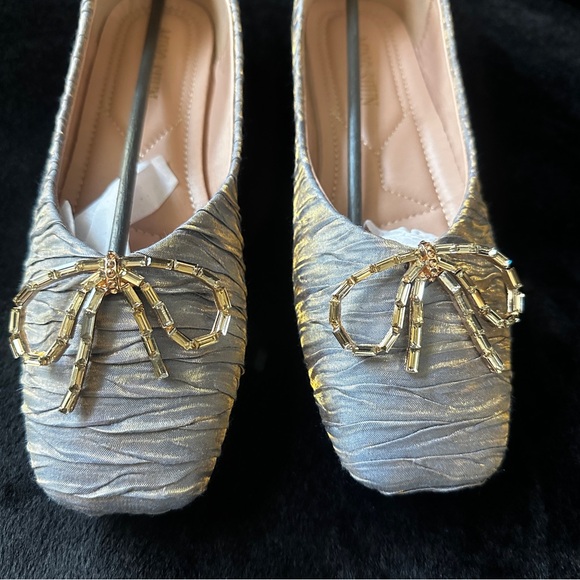 Silver & Gold Bow Square Toe Flats - Picture 2 of 8